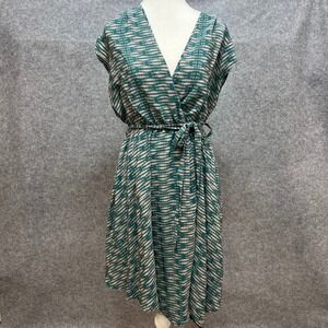 Charlie Jade Teal Tan 100% Silk Geometric Wrap Boho Dress Summer Career Medium